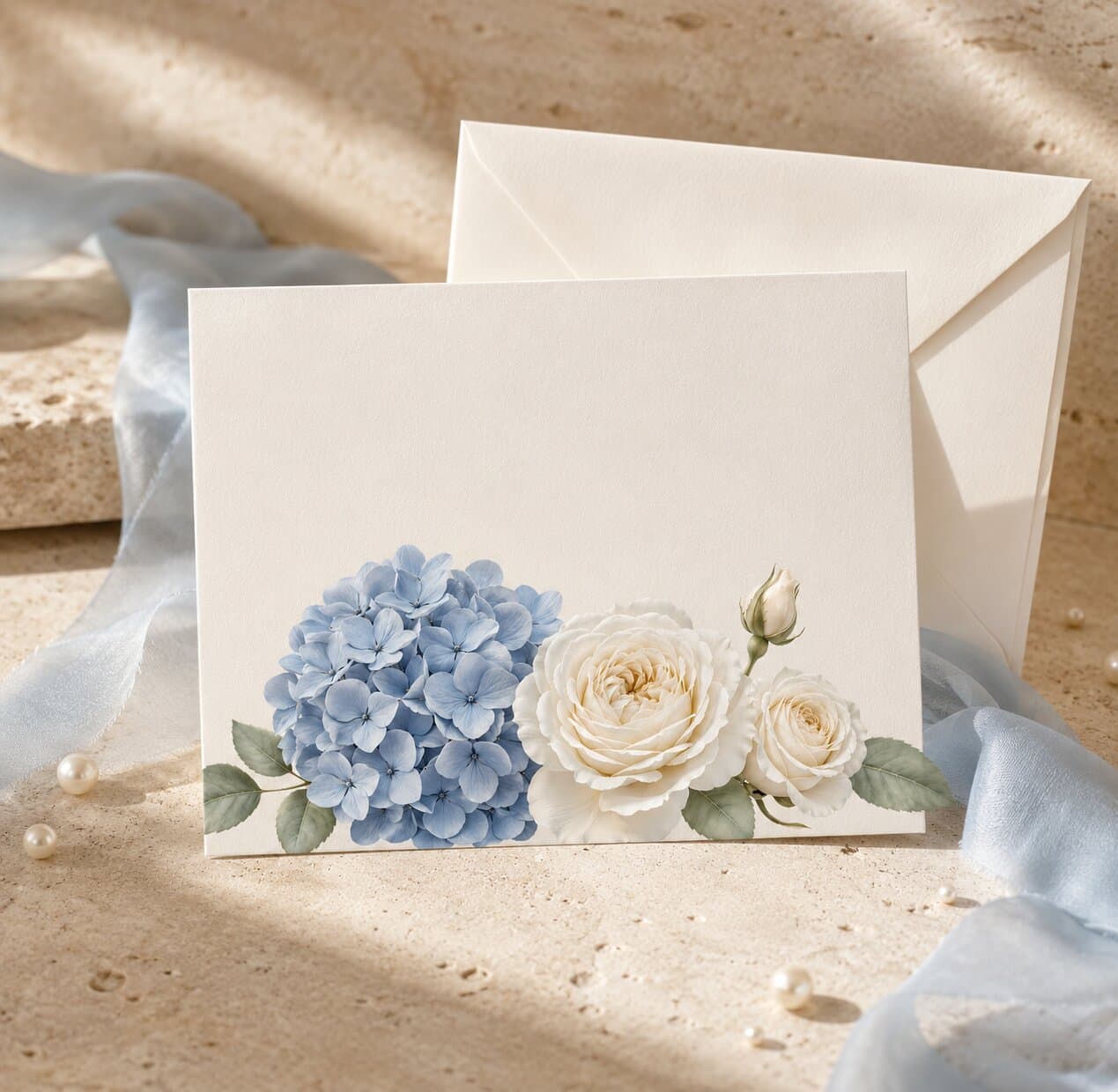 Premium 3D PNG Clipart Dusty Blue Hydrangea Floral Set, Ivory Rose Wedding Invitation Clipart mockup 1