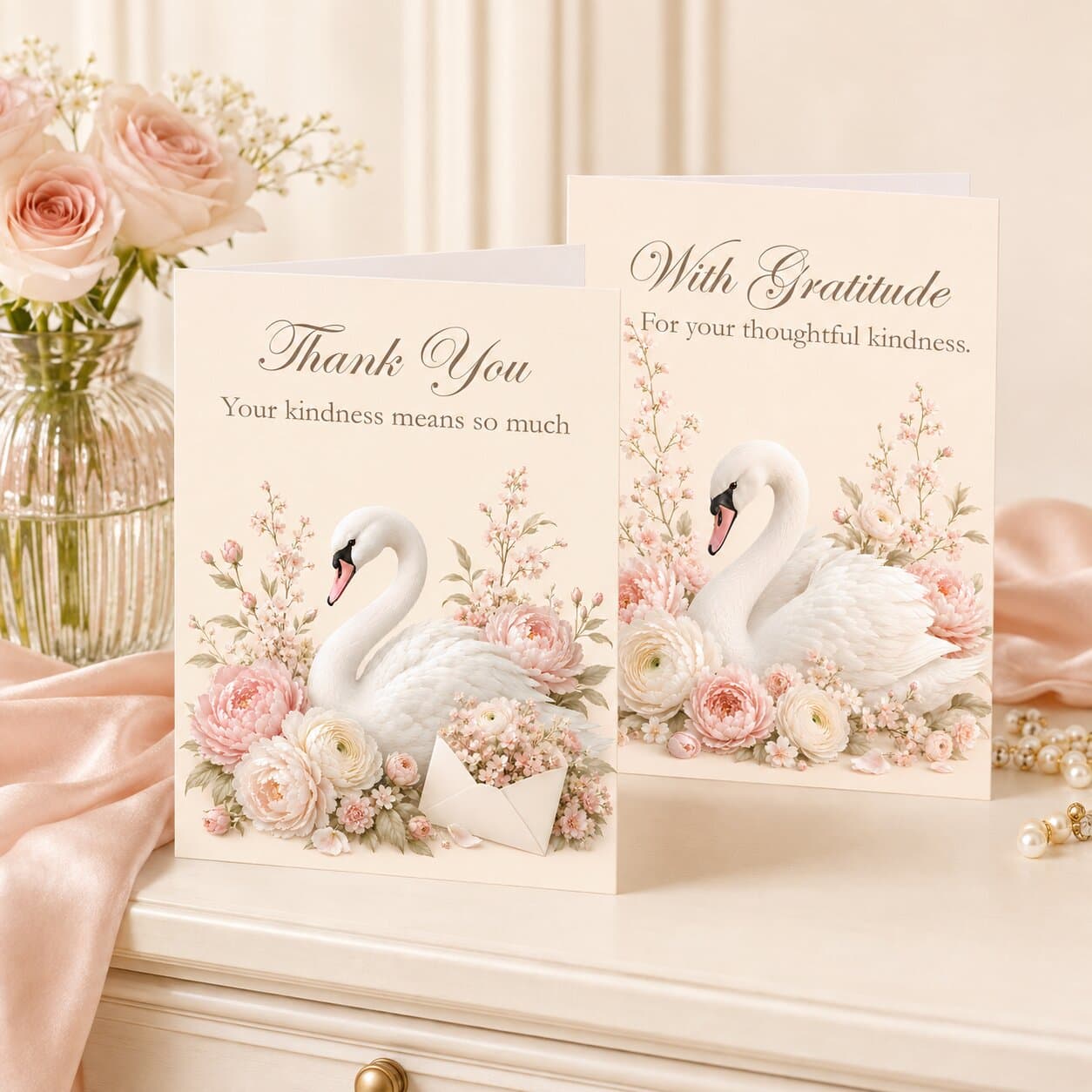 Printable Swan Thank You Cards, Floral Gratitude Stationery Set thumbnail 3